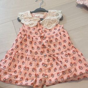 Zara Pink Floral Dress with Cream Eyelet Collar 1.5 years